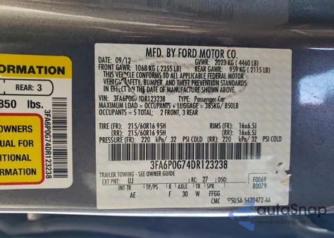 2013 Ford Fusion S z USA, uszkodzony, nr VIN 3FA6P0G74DR123238